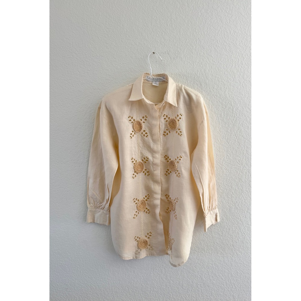 JM Goulboum Linen Shirt Women L Cream Good Vintage Rosette Eyelet Button Down